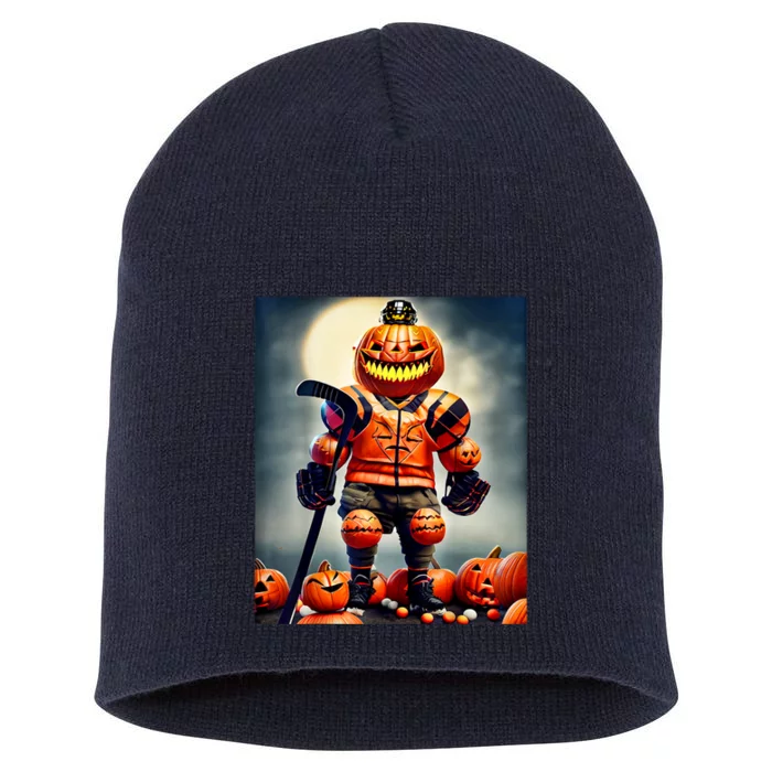 Halloween Hockey Season Pumpkin Player Short Acrylic Beanie