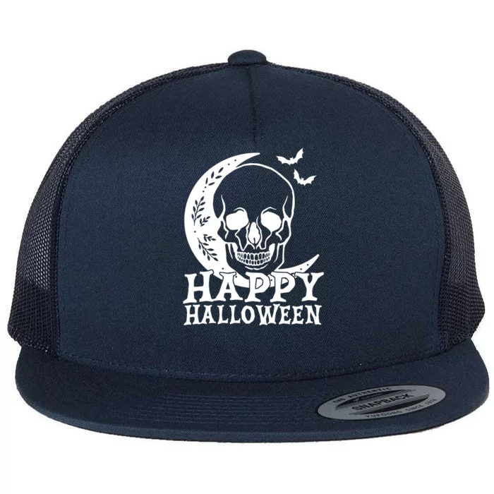 Happy Halloween Skull Moon Spooky Flat Bill Trucker Hat