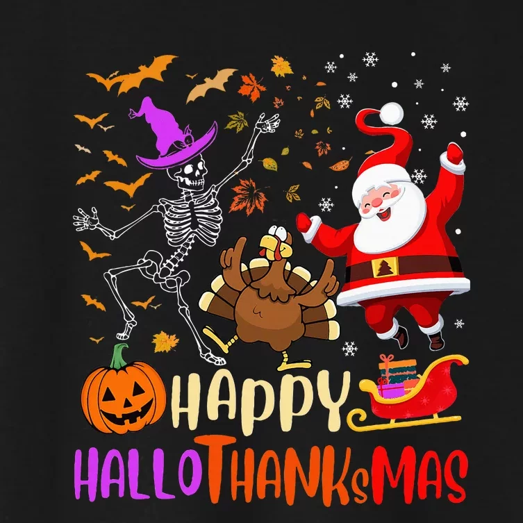 Happy Hallothanksmas Skeleton Pumpkin Turkey Santa Dancing Women's Crop Top Tee