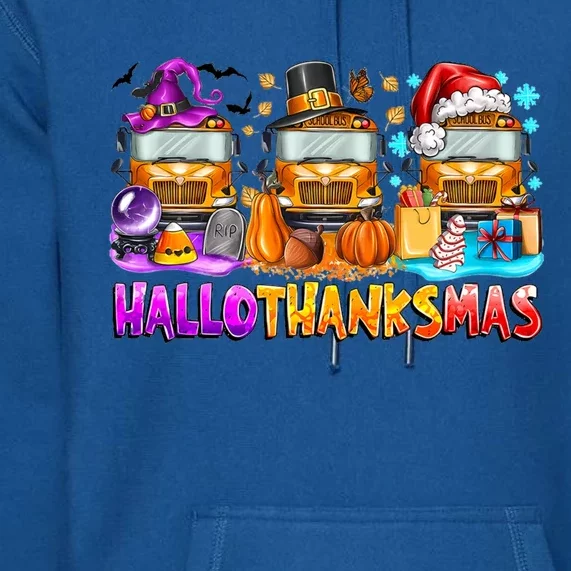 Happt Hallothanksmas School Bus Halloween Merry Christmas Premium Hoodie