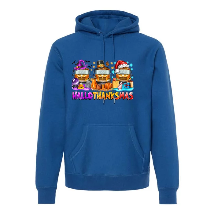 Happt Hallothanksmas School Bus Halloween Merry Christmas Premium Hoodie