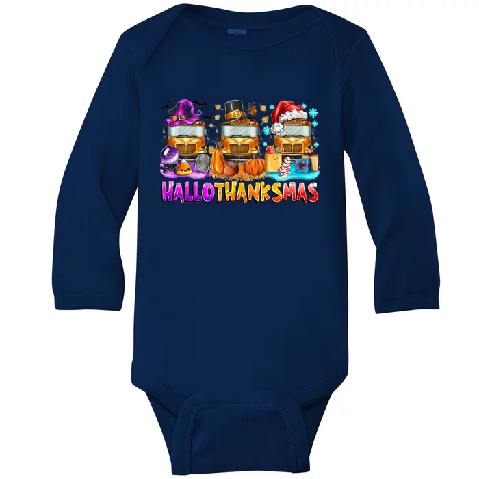 Happt Hallothanksmas School Bus Halloween Merry Christmas Baby Long Sleeve Bodysuit