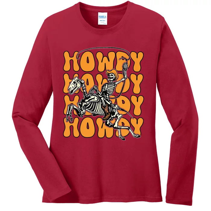 Halloween Howdy Skeleton With Horse Cowboy Hat Lasso Ladies Long Sleeve Shirt