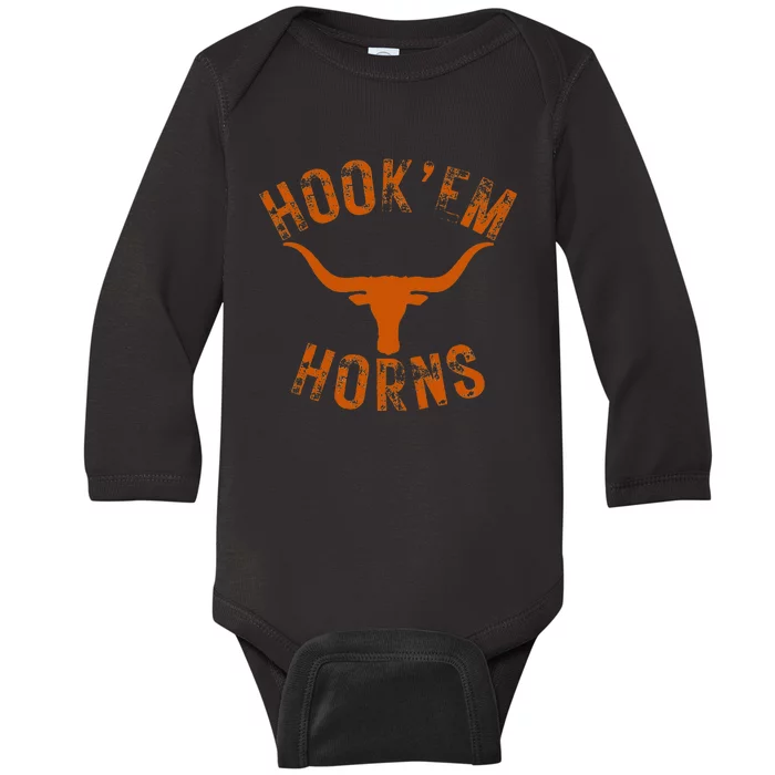 HookEm Horns State Of Texas Bull Head With Longhorns Design Baby Long Sleeve Bodysuit