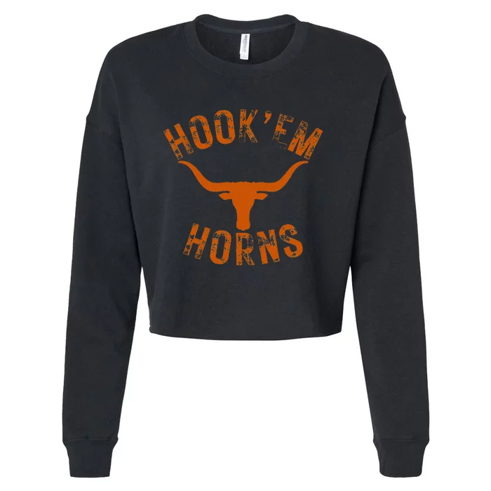 HookEm Horns State Of Texas Bull Head With Longhorns Design Cropped Pullover Crew