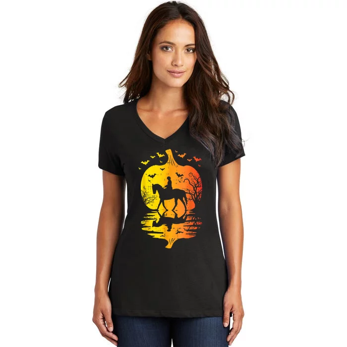 Halloween Horse Silhouette Pumpkin Vintage Costume Women's V-Neck T-Shirt