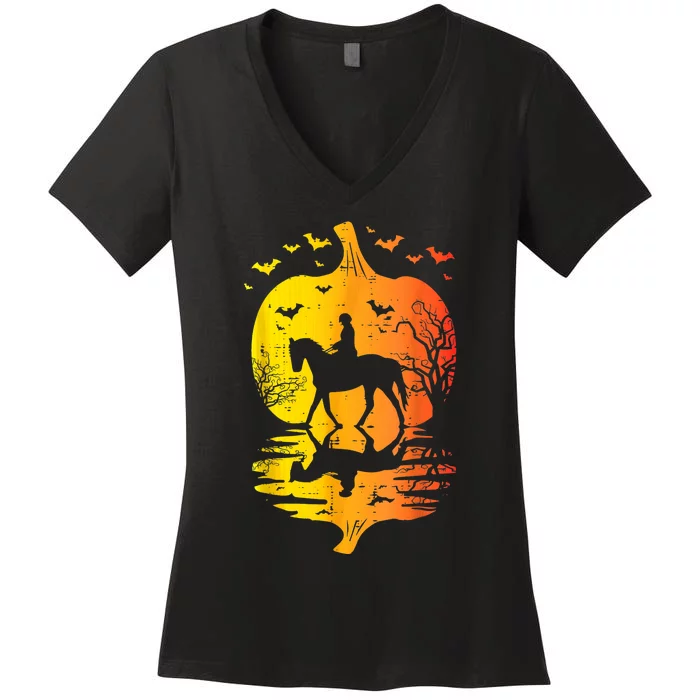 Halloween Horse Silhouette Pumpkin Vintage Costume Women's V-Neck T-Shirt