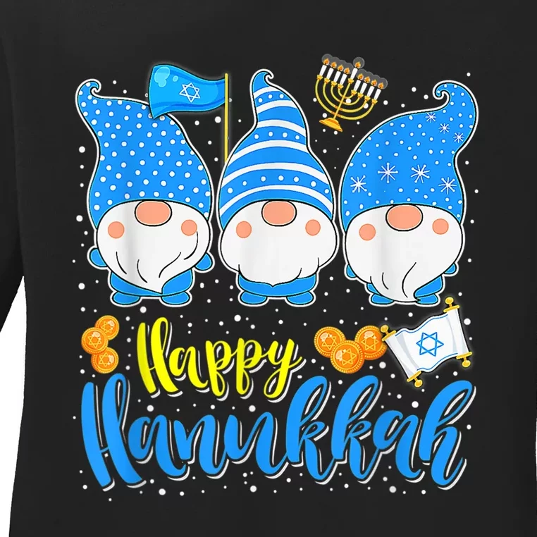 Happy Hanukkah Three Gnomes Chanukah Jewish Holiday Ladies Long Sleeve Shirt