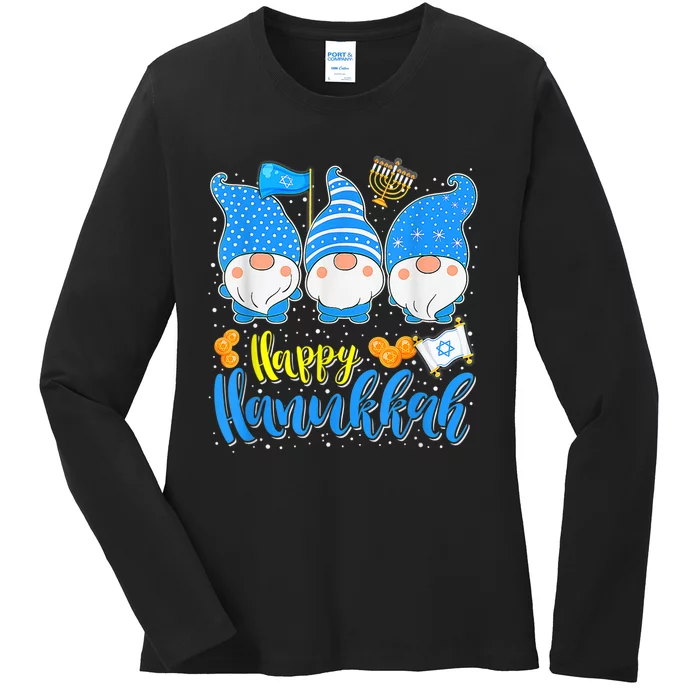 Happy Hanukkah Three Gnomes Chanukah Jewish Holiday Ladies Long Sleeve Shirt