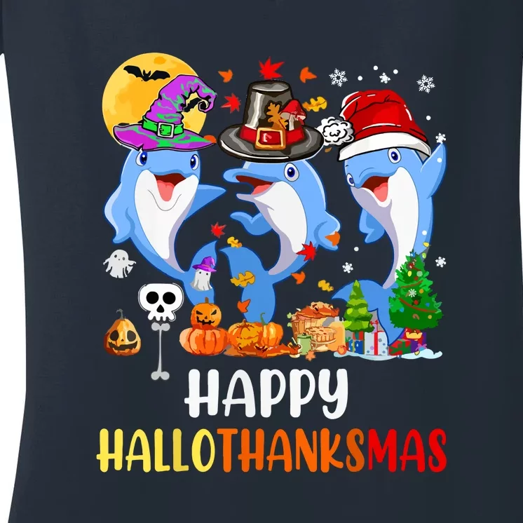 Happy Hallothanksmas Thanksgiving Halloween Dolphins Xmas Gift Women's V-Neck T-Shirt