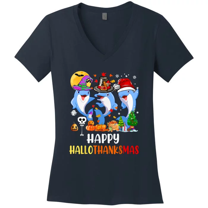 Happy Hallothanksmas Thanksgiving Halloween Dolphins Xmas Gift Women's V-Neck T-Shirt