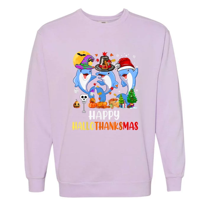 Happy Hallothanksmas Thanksgiving Halloween Dolphins Xmas Gift Garment-Dyed Sweatshirt