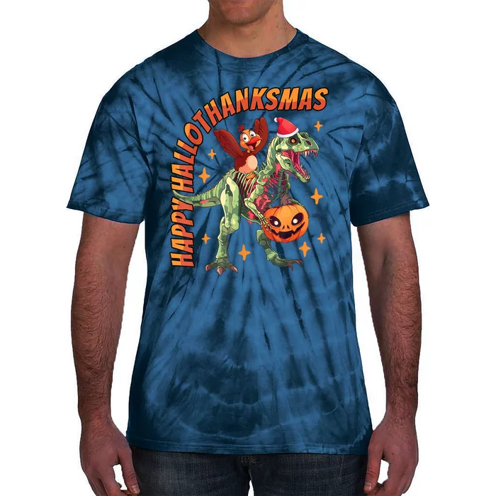 Happy Hallothanksmas Trex Halloween Thanksgiving Christmas Tie-Dye T-Shirt