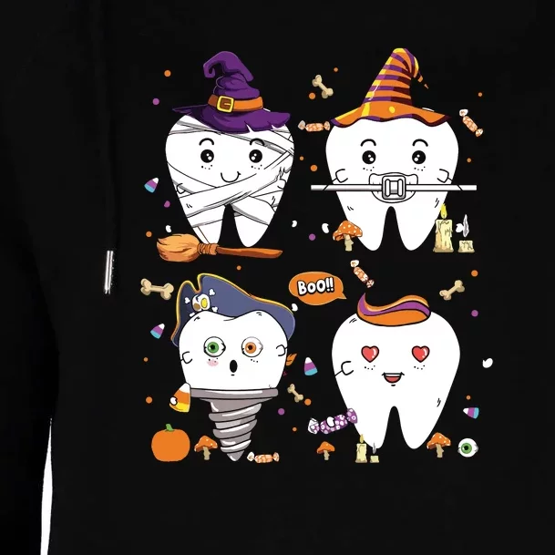 Happy Halloween Teeth Dentist Assistant Costume Party Funny Womens Funnel Neck Pullover Hood