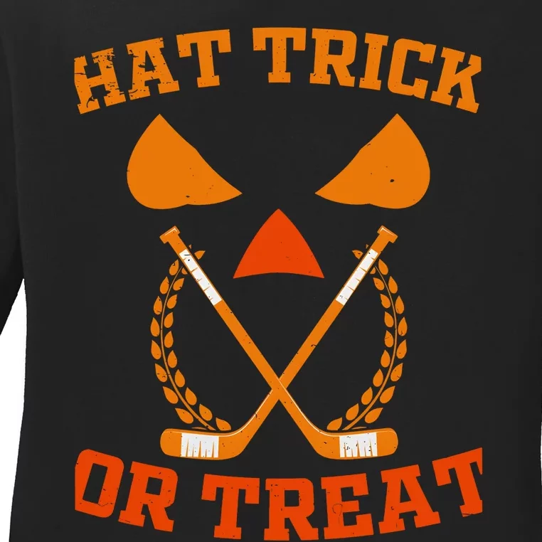 Hockey Hat Trick Or Treat Halloween Funny Ladies Long Sleeve Shirt