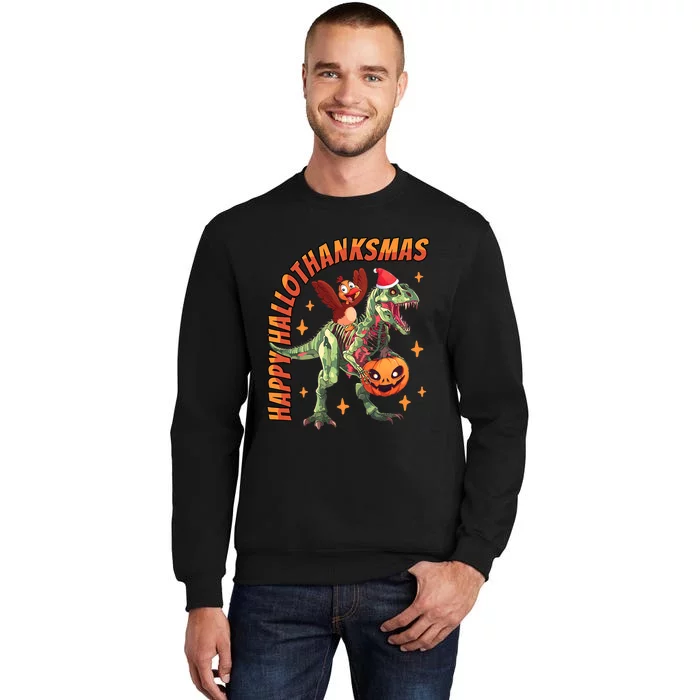 Happy Hallothanksmas T Rex Halloween Thanksgiving Christmas Sweatshirt