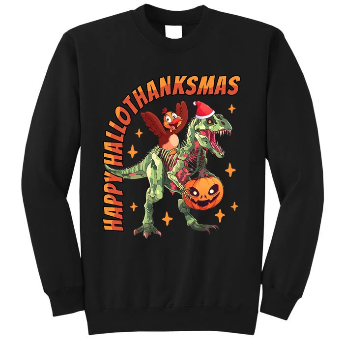 Happy Hallothanksmas T Rex Halloween Thanksgiving Christmas Sweatshirt