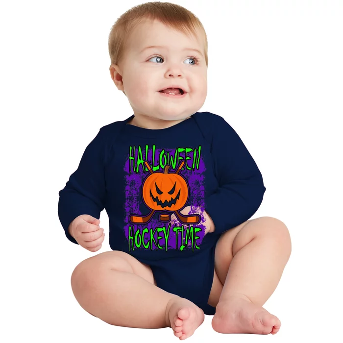 Halloween Hockey Time With Spooky Pumpkin And Hockey Sticks Baby Long Sleeve Bodysuit