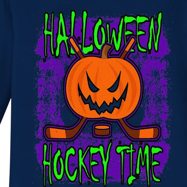 Halloween Hockey Time With Spooky Pumpkin And Hockey Sticks Baby Long Sleeve Bodysuit