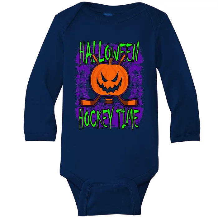 Halloween Hockey Time With Spooky Pumpkin And Hockey Sticks Baby Long Sleeve Bodysuit