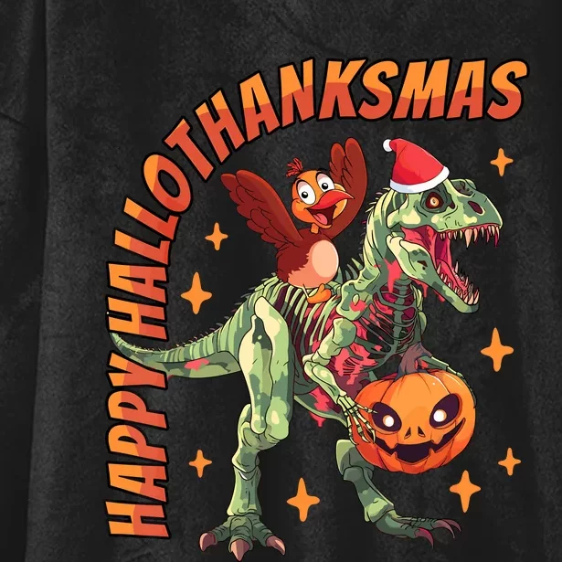 Happy Hallothanksmas Trex Halloween Thanksgiving Christmas Hooded Wearable Blanket