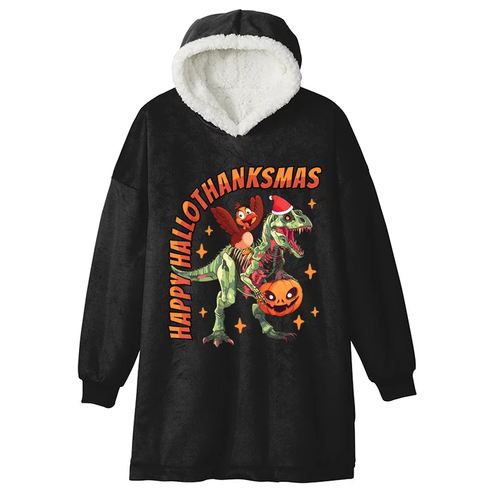 Happy Hallothanksmas Trex Halloween Thanksgiving Christmas Hooded Wearable Blanket