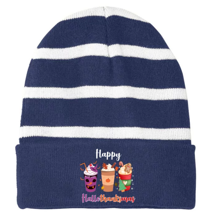 Happy Halloween Thanksgiving Christmas Coffee Lover Striped Beanie with Solid Band