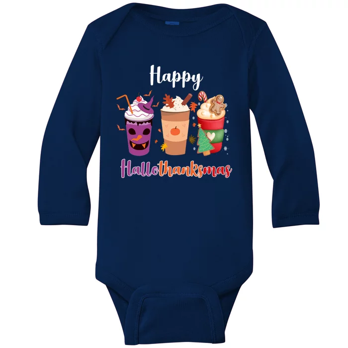 Happy Halloween Thanksgiving Christmas Coffee Lover Baby Long Sleeve Bodysuit