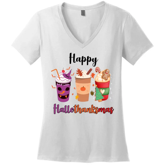 Happy Halloween Thanksgiving Christmas Coffee Lover Women's V-Neck T-Shirt