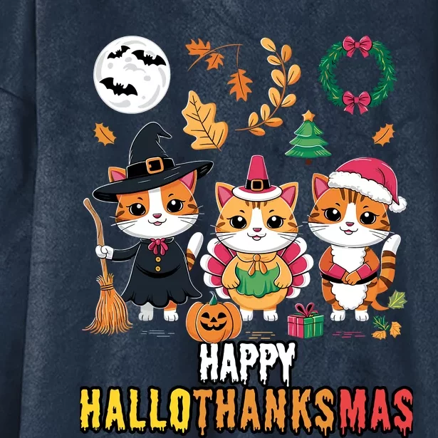 Happy Hallothanksmas Thanksgiving Halloween Cat Christmas Hooded Wearable Blanket