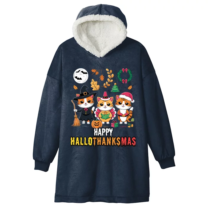 Happy Hallothanksmas Thanksgiving Halloween Cat Christmas Hooded Wearable Blanket