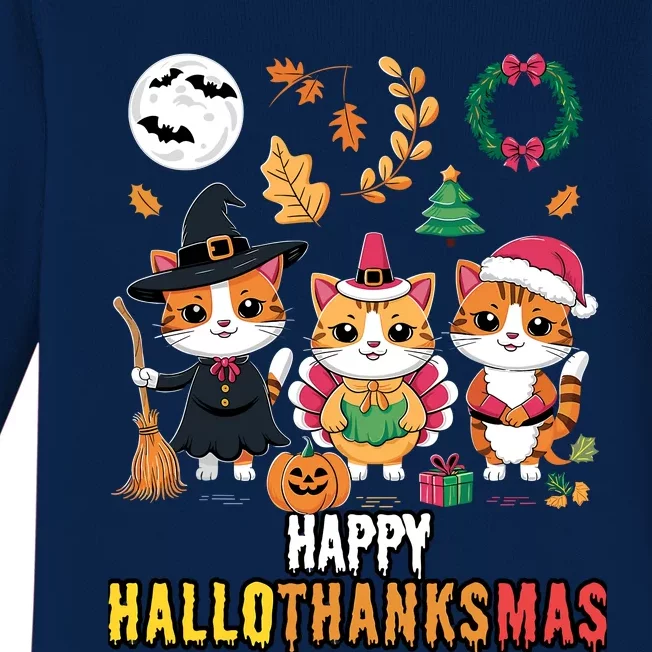 Happy Hallothanksmas Thanksgiving Halloween Cat Christmas Baby Long Sleeve Bodysuit