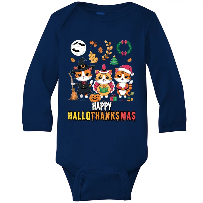 Happy Hallothanksmas Thanksgiving Halloween Cat Christmas Baby Long Sleeve Bodysuit