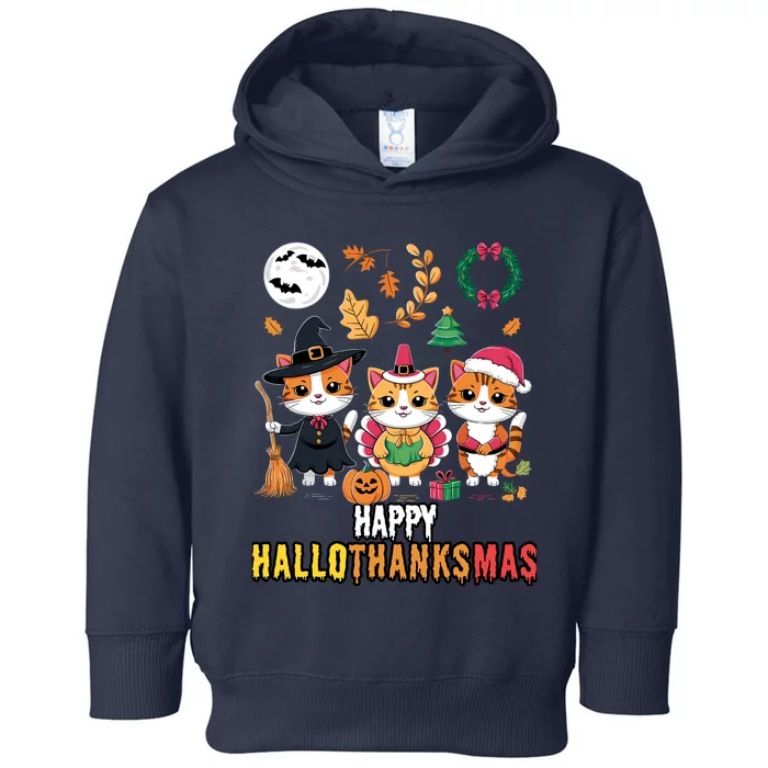 Happy Hallothanksmas Thanksgiving Halloween Cat Christmas Toddler Hoodie