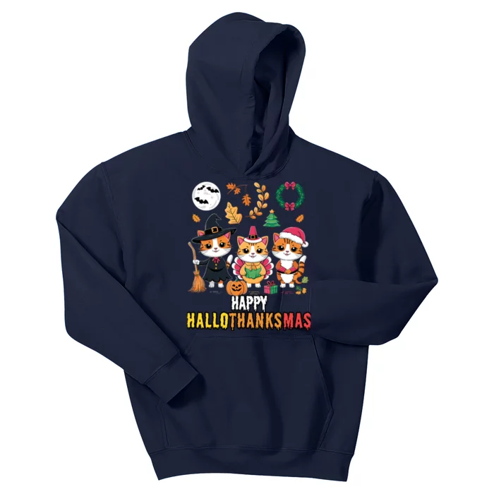 Happy Hallothanksmas Thanksgiving Halloween Cat Christmas Kids Hoodie