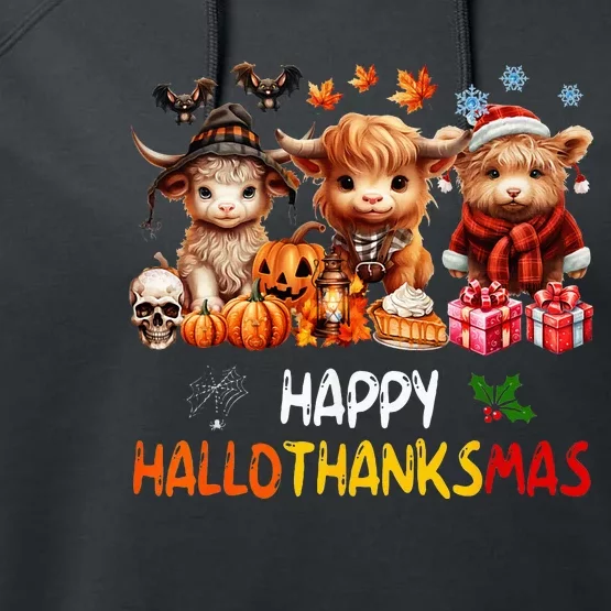 Happy Halloween Thanksgiving Christmas Highland Cow Holiday Performance Fleece Hoodie