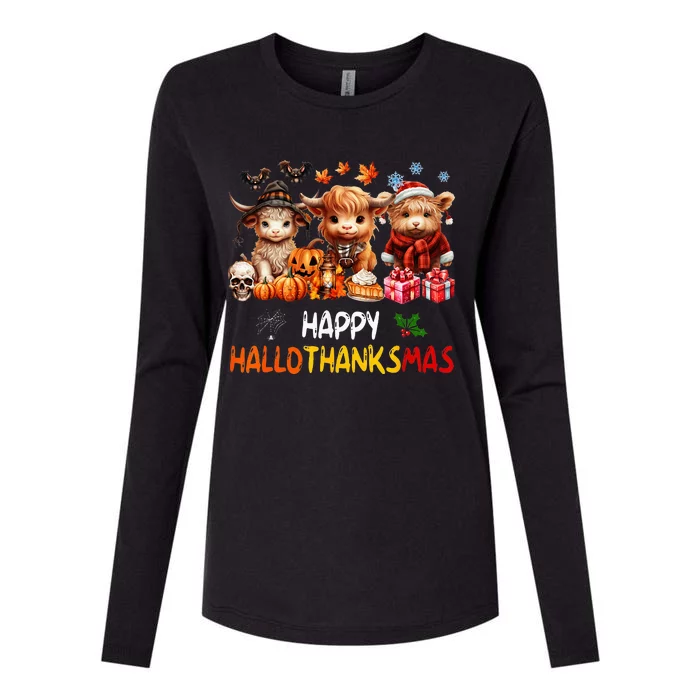 Happy Halloween Thanksgiving Christmas Highland Cow Holiday Womens Cotton Relaxed Long Sleeve T-Shirt