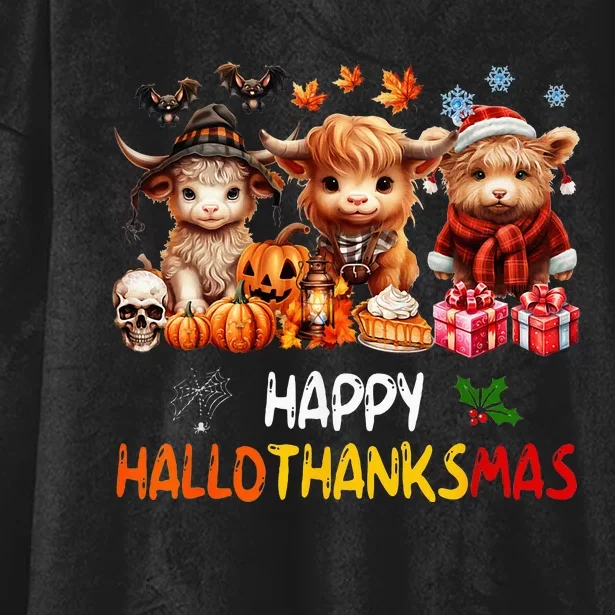 Happy Halloween Thanksgiving Christmas Highland Cow Holiday Hooded Wearable Blanket