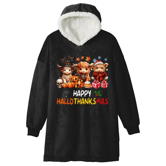 Happy Halloween Thanksgiving Christmas Highland Cow Holiday Hooded Wearable Blanket