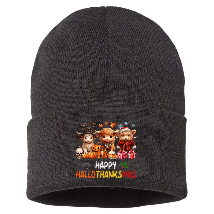 Happy Halloween Thanksgiving Christmas Highland Cow Holiday Sustainable Knit Beanie