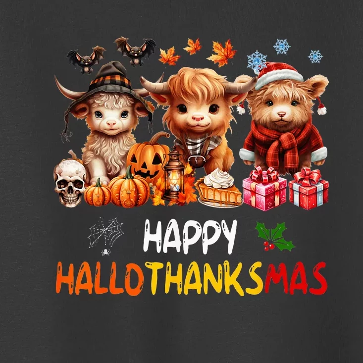 Happy Halloween Thanksgiving Christmas Highland Cow Holiday Toddler T-Shirt