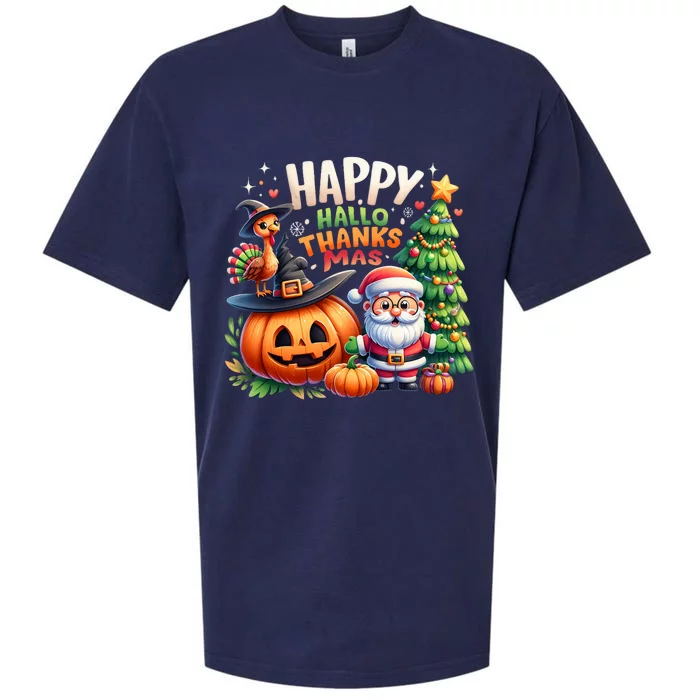 Happy Hallothanksmas Thanksgiving Merry Christmas Halloween Sueded Cloud Jersey T-Shirt