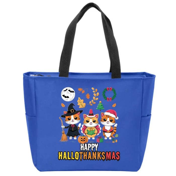 Happy Hallothanksmas Thanksgiving Halloween Cat Christmas Zip Tote Bag