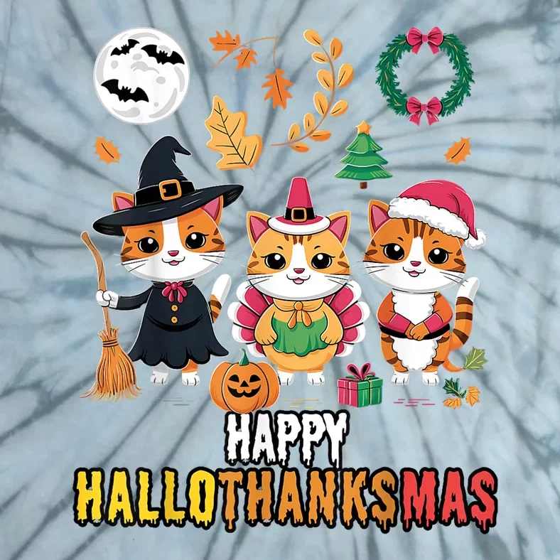 Happy Hallothanksmas Thanksgiving Halloween Cat Christmas Tie-Dye T-Shirt