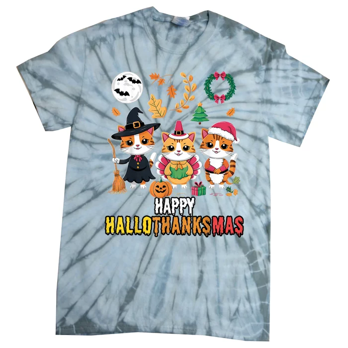 Happy Hallothanksmas Thanksgiving Halloween Cat Christmas Tie-Dye T-Shirt