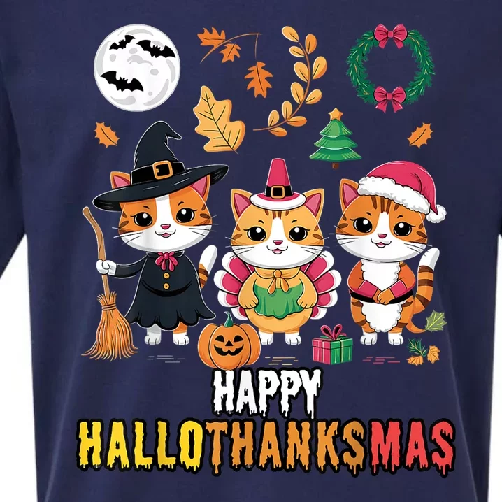 Happy Hallothanksmas Thanksgiving Halloween Cat Christmas Sueded Cloud Jersey T-Shirt