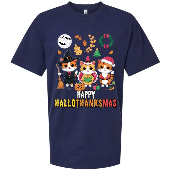 Happy Hallothanksmas Thanksgiving Halloween Cat Christmas Sueded Cloud Jersey T-Shirt