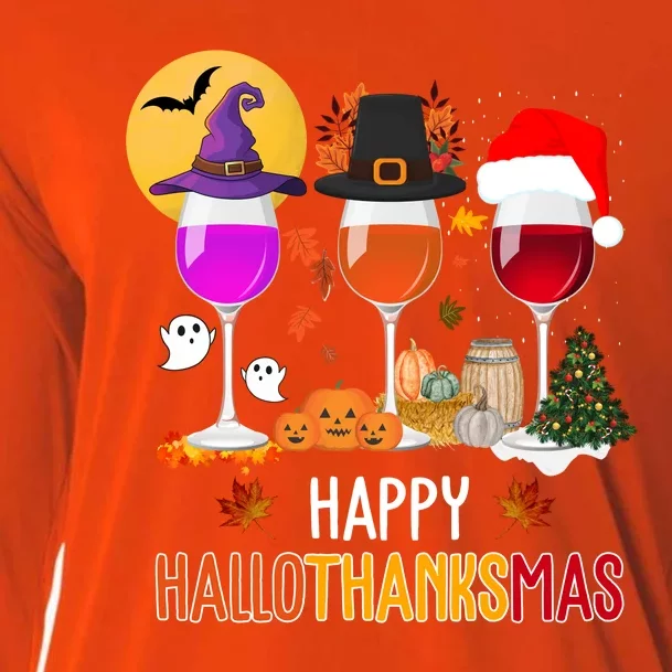 Happy Halloween Thanksgiving Christmas Wine Lover Gift Cooling Performance Long Sleeve Crew