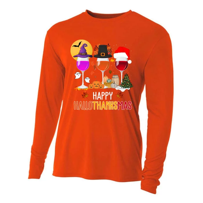 Happy Halloween Thanksgiving Christmas Wine Lover Gift Cooling Performance Long Sleeve Crew