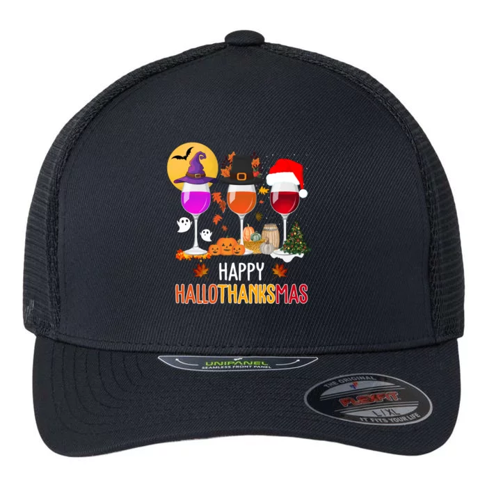 Happy Halloween Thanksgiving Christmas Wine Lover Gift Flexfit Unipanel Trucker Cap